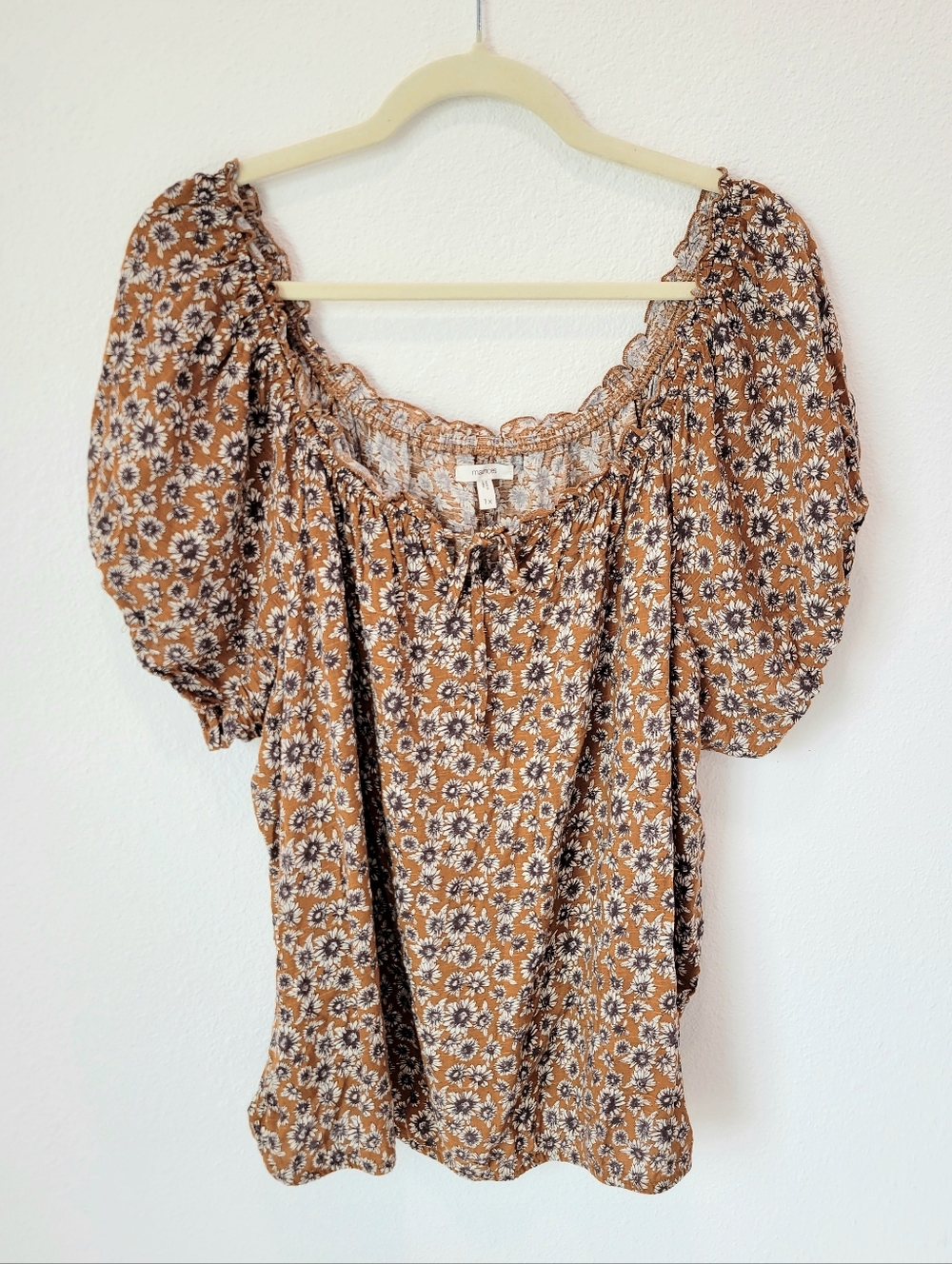 Maurices Floral Peasant Blouse 1X Yellow Gray Sunflower Floral Cottagecore